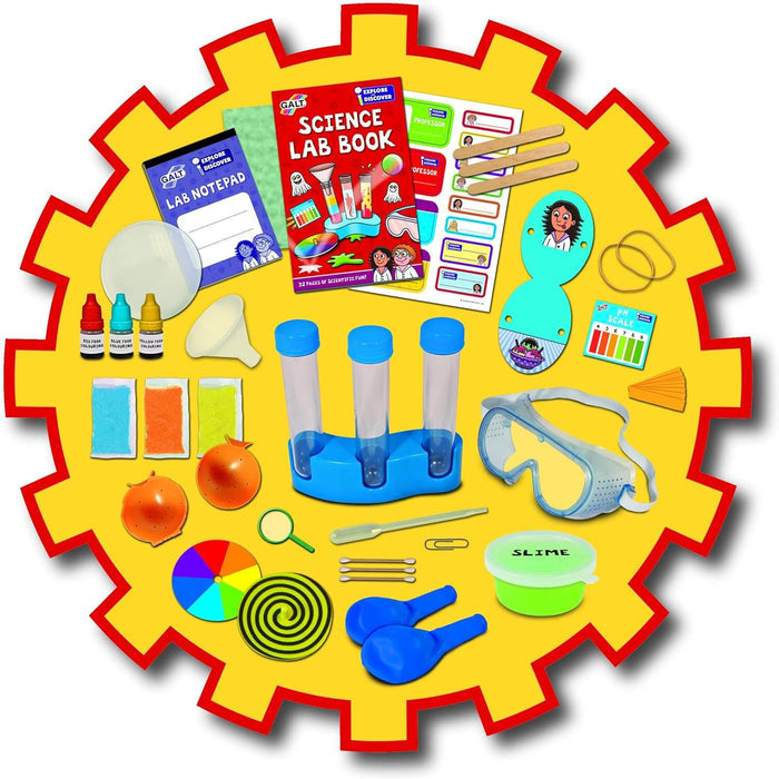 Kids' science set with test tubes, goggles, green slime, and lab books on a yellow gear-shaped background.