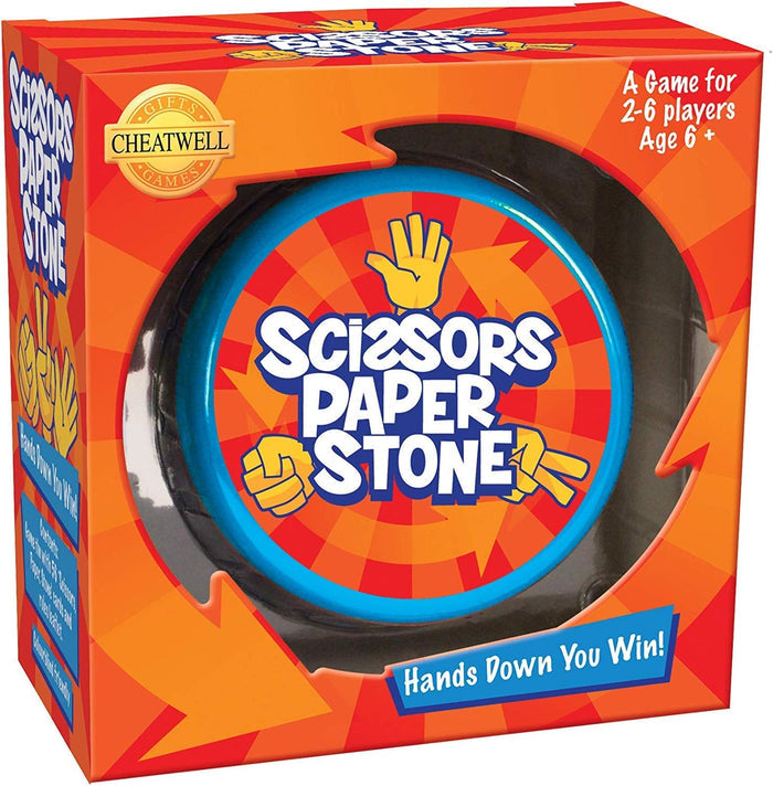 Orange and red box with a circular window showing the Scissors Paper Stone logo and hand-gesture illustrations.