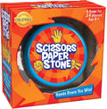 Orange and red box with a circular window showing the Scissors Paper Stone logo and hand-gesture illustrations.