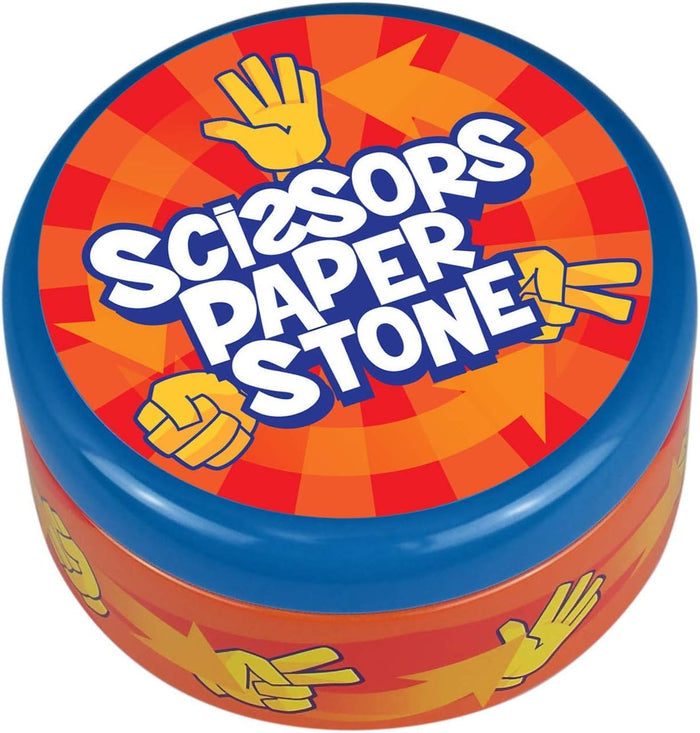 Round metal tin with a blue rim and orange sunburst lid featuring hand gesture icons for Scissors Paper Stone.