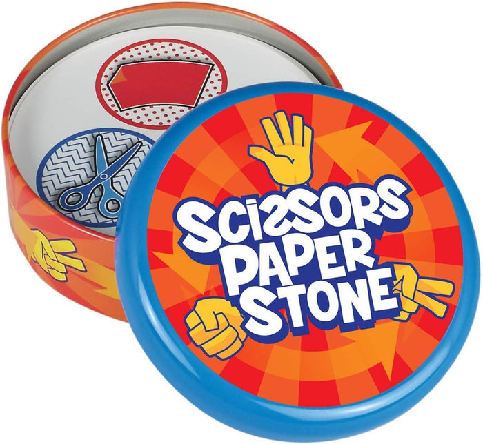 Round orange metal tin with a blue lid and circular cards featuring hand gesture and scissors illustrations.