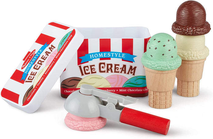 Toy ice cream set with red-striped tub, gray and red scooper, and colorful scoops on two wooden waffle cones.