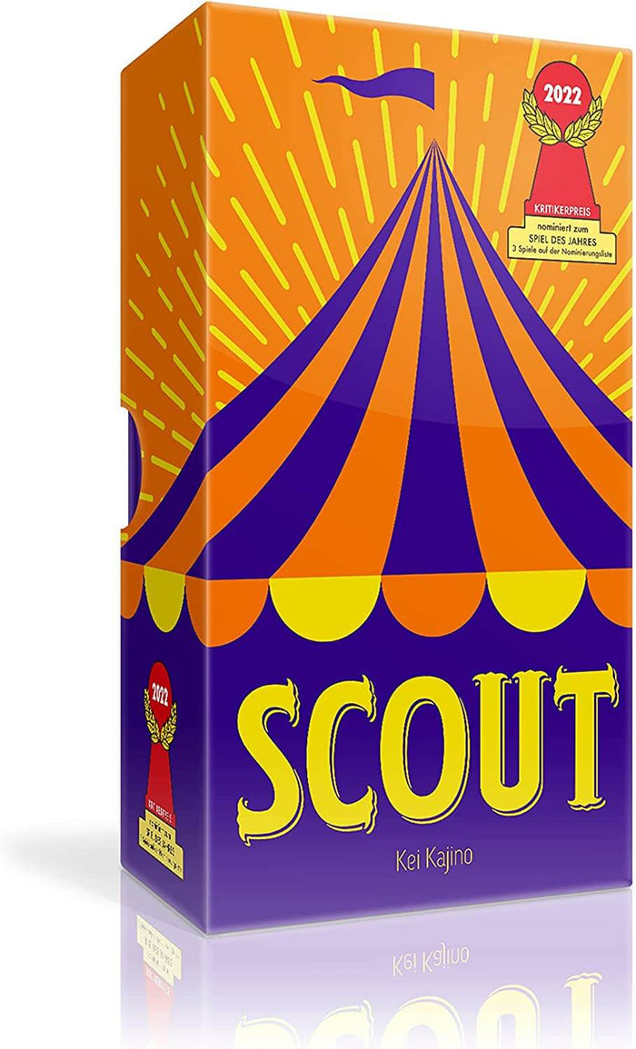 Vertical game box with an orange sunburst, blue circus tent, yellow SCOUT text, and a red 2022 game award seal.