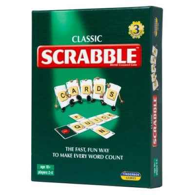 Green Classic Scrabble Cards game box featuring cartoon card characters and letter tiles spelling QUICK.