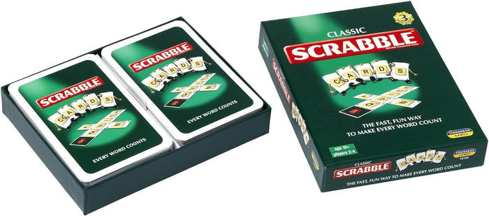 Green Scrabble Cards box and two decks in a tray, featuring red Scrabble logos and illustrated letter cards.