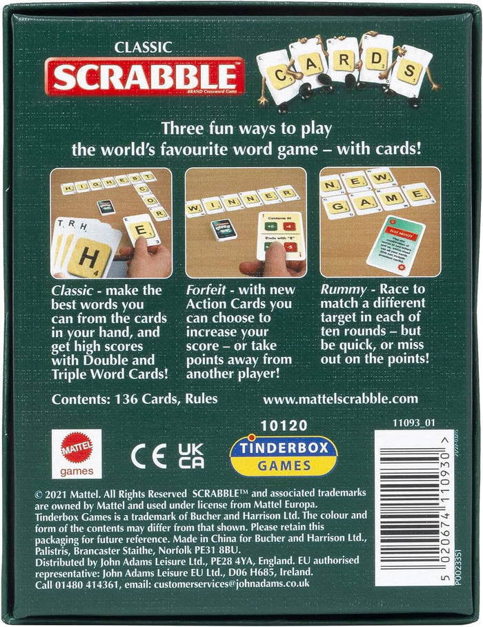 Back of a green Scrabble Cards box showing three gameplay modes with photos of cards, rules, and manufacturer details.
