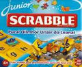 Bright blue and red Scrabble Junior floor puzzle box featuring large yellow jigsaw pieces with Irish letters.