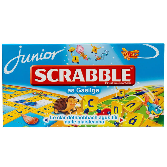 Bright blue Scrabble Junior game box in Irish, featuring a cartoon hedgehog, fish, and colorful letter tiles.
