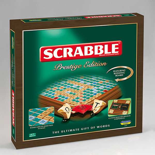 Scrabble Prestige Edition box with wood-grain trim and green face illustrating the rotating board and wooden tiles.