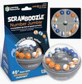 Clear spherical game with orange and blue numbered balls beside its box and a diagram of the ball arrangement.