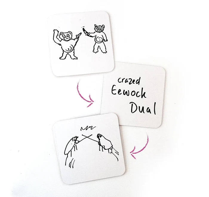 Three white square cards show a bear drawing, the phrase crazed Eewock Dual, and a simple sketch linked by purple arrows.