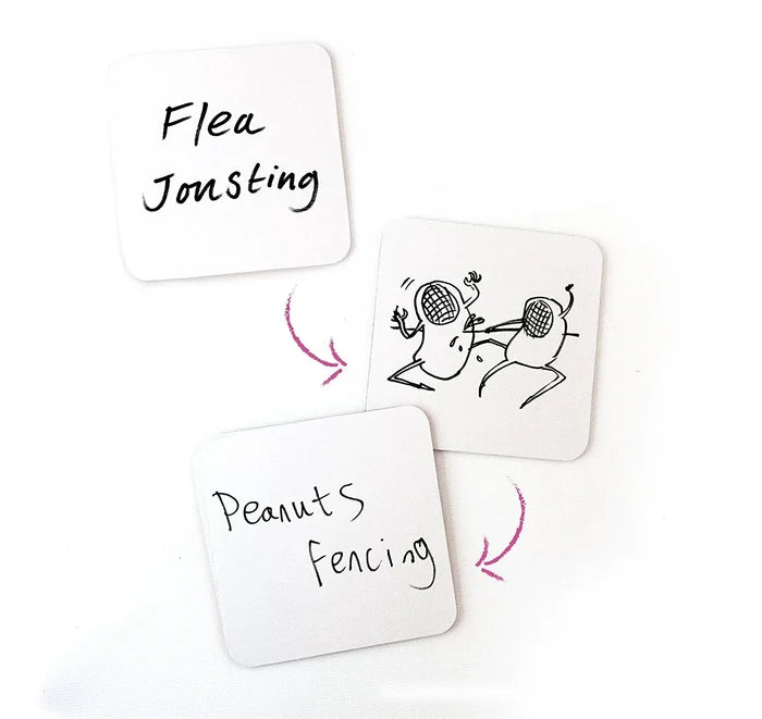 Three white cards show a sequence from the prompt Flea Jousting to a cartoon sketch and the guess Peanuts Fencing.