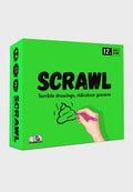 Bright green box for Scrawl party game with black lettering and a hand drawing a steaming doodle with a pink marker.