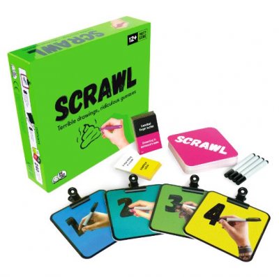Green Scrawl game box with four numbered drawing boards, dry-erase markers, and pink game cards on white background.