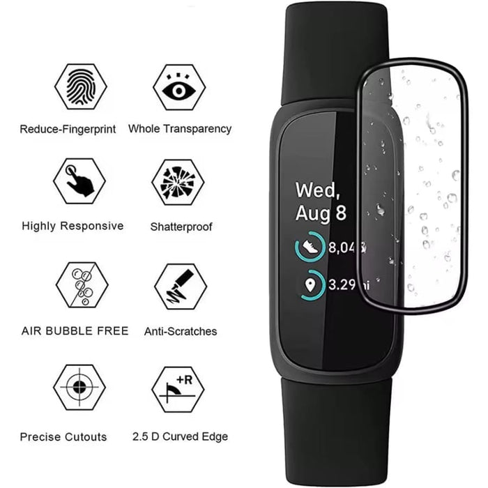 Black Fitbit Inspire 3 screen protector from That Watch Shop, showing the clear protective film on the watch face.