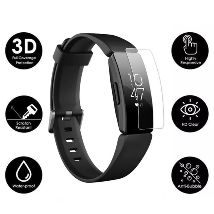 Black Fitbit Inspire HR screen protector for fitness tracker, fits securely over the watch display to prevent scratches and damage.