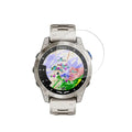 Silver Garmin D2 Mach 1 smartwatch with protective screen cover, showcasing the watch face and sleek design.