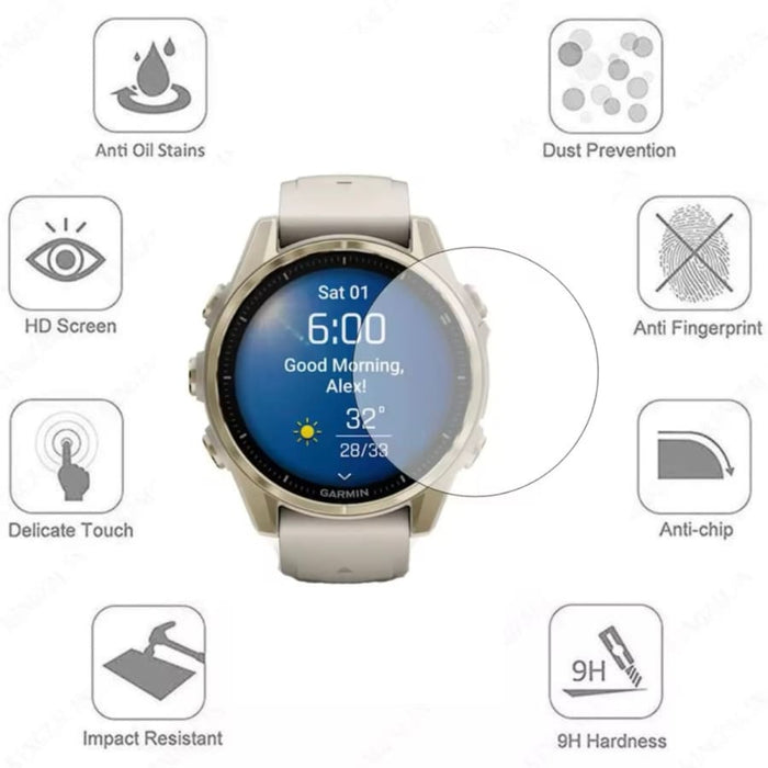 Garmin fenix E 47mm series smartwatch with clear round display screen protector, providing protection and clarity.