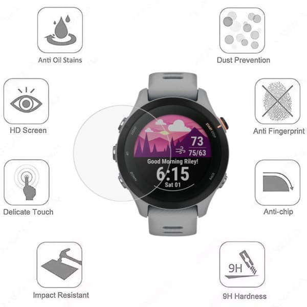 Clear screen protector for Garmin Forerunner 255S watch, showing a tempered glass cover fitted over the device screen.
