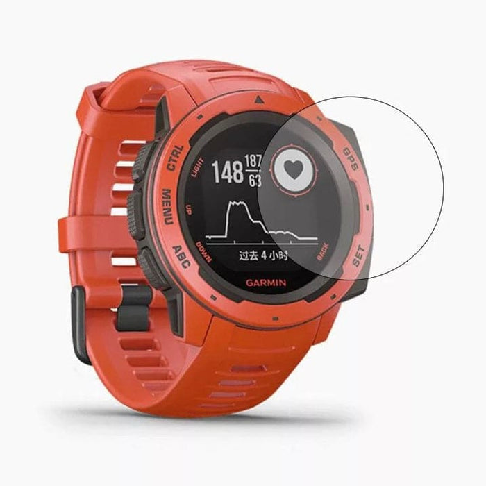 Clear screen protector for Garmin Instinct watch, showing a transparent, protective film applied to the watch display.