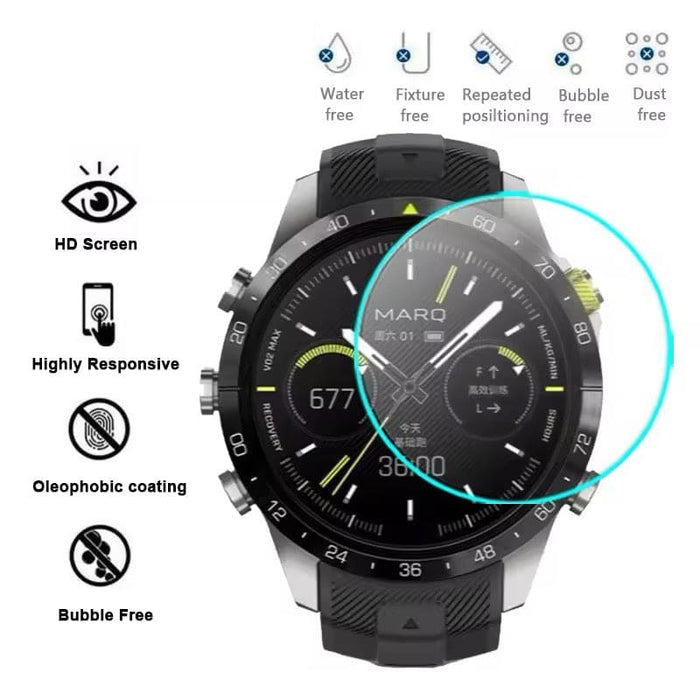 Garmin MARQ Gen 2 Series smartwatch with clear screen protector, featuring durable, scratch-resistant protection on the watch face.