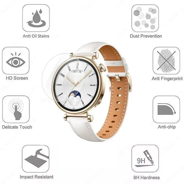 Huawei GT4 41mm watch screen protector from That Watch Shop, clear protective film over watch face with cutouts for sensors.