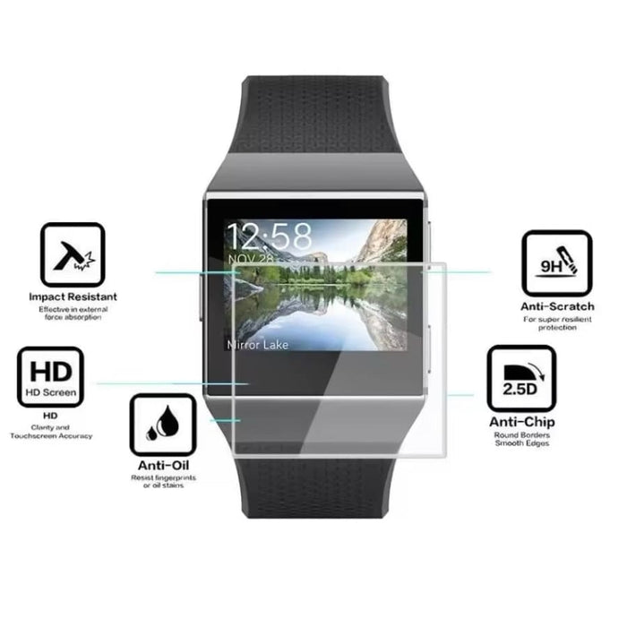 Pack of two Fitbit Ionic screen protectors by That Watch Shop, clear smartwatch screen protectors for enhanced durability.