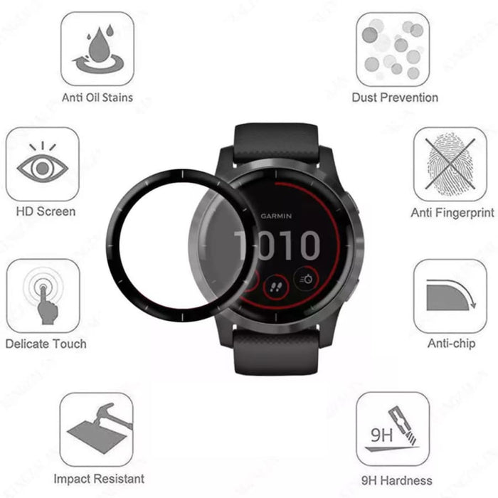 Pair of Garmin Vivoactive 4 watch screen protectors, clear and protective film for smartwatch screens.