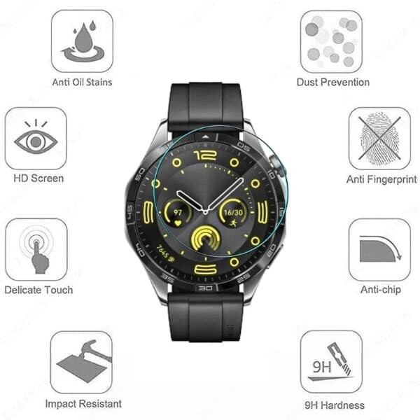 Pair of Huawei GT4 46mm watch screen protectors by That Watch Shop, clear protective film for smartwatch screens.
