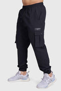 Black Script Cargo Joggers from Fuaark Nz featuring multiple pockets and a relaxed fit, suitable for casual and athletic wear.