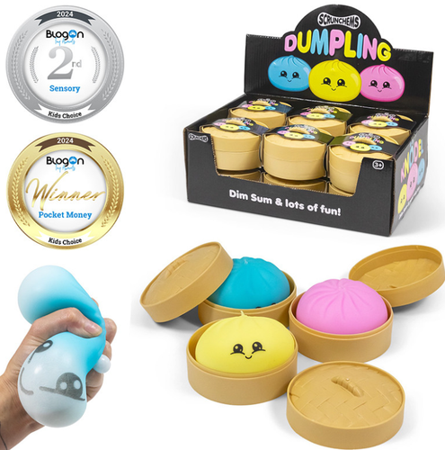 Colorful squishy toy dumplings with faces in mini steamer baskets, shown in a display box and being squeezed.