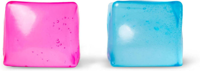 Two translucent, gel-like squishy cubes in bright pink and neon blue with rounded corners and small internal bubbles.