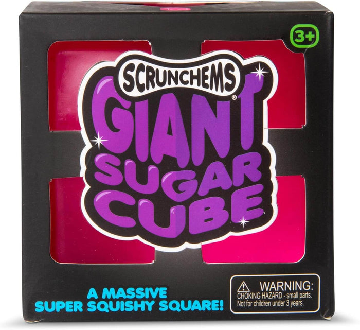 Black box with bold purple and white text features windows showing a bright pink squishy cube toy.
