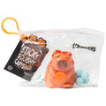 Orange squishy capybara with citrus slice accents in a clear bag with blue pom poms and an orange hanging clip.