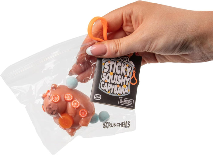 Brown squishy capybara toy with orange citrus slices and blue pom-poms in a clear bag with a black product tag.