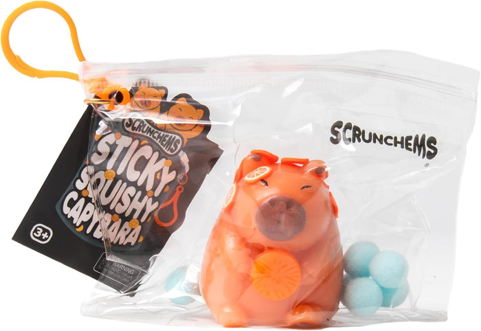 Orange capybara squishy toy with citrus slices and blue pom-poms inside a clear plastic bag with a black label.