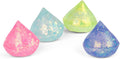 Four translucent diamond-shaped squishy toys with sparkly glitter in pink, light blue, lime green, and purple.