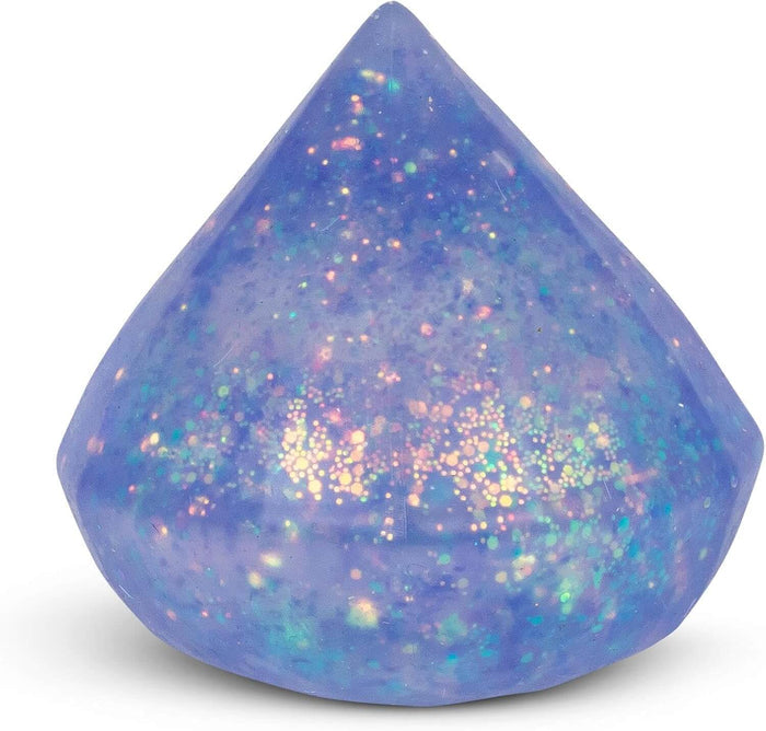 Translucent purple diamond-shaped squishy toy with sparkling iridescent glitter inside.