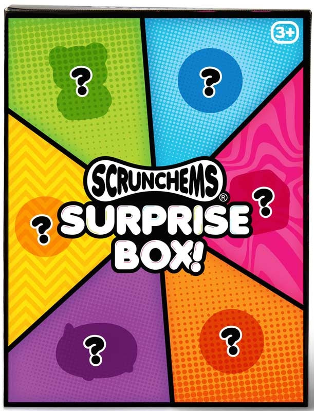 Colorful pop-art box with six patterned segments featuring mystery silhouettes, question marks, and bold white text.