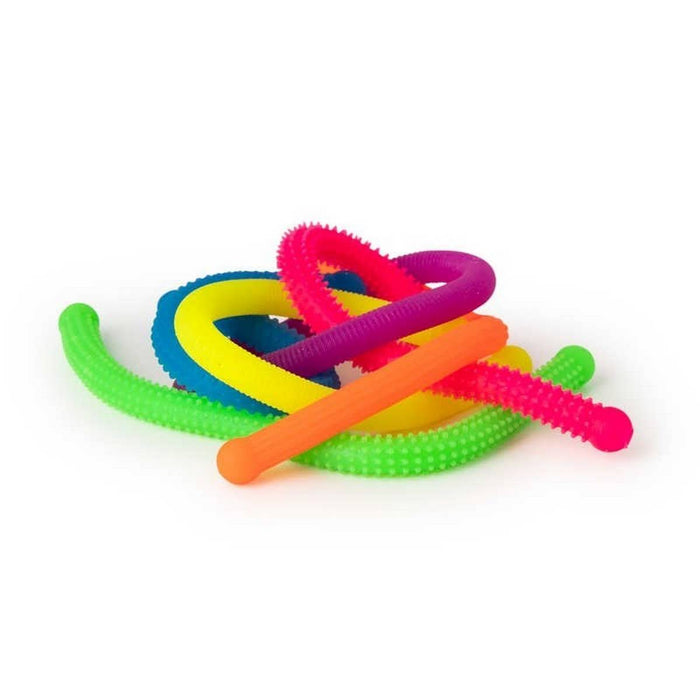 Tangled pile of colorful neon, flexible, bumpy-textured sensory noodles in pink, yellow, orange, green, and blue.