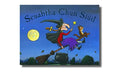 Witch and cat fly on a broomstick with a cauldron past a large yellow moon in a starry blue night sky.