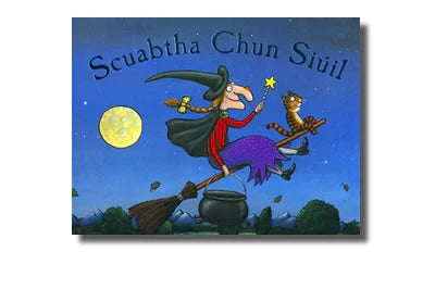 Witch and cat fly on a broomstick with a cauldron past a large yellow moon in a starry blue night sky.