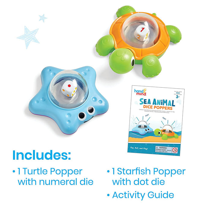 Blue starfish popper with dot die and orange turtle popper with numeral die, shown with a colorful activity guide.
