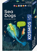 KOSMOS Sea Dogs STEM kit box featuring vibrant neon green and blue brine shrimp swimming in dark blue water.