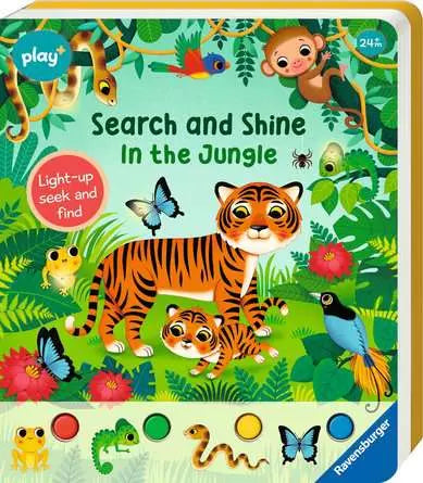 Jungle board book cover with a tiger, monkey, and snake. Features four colored light-up buttons at the bottom.