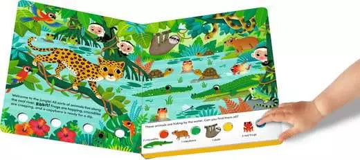 Open colorful jungle board book with animal illustrations and a child's hand pressing an interactive sound button.