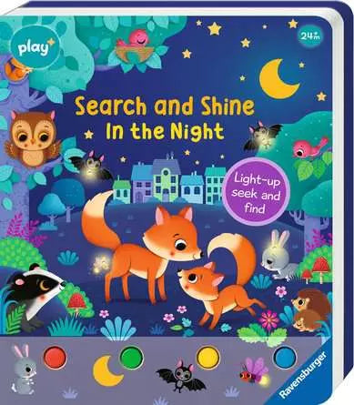 Board book cover with a nighttime forest scene of foxes and owls, featuring four interactive buttons along the bottom.