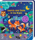 Board book cover with a nighttime forest scene of foxes and owls, featuring four interactive buttons along the bottom.