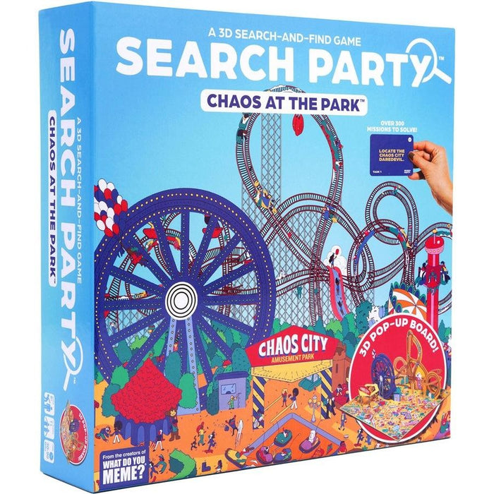 Blue box for a search-and-find game with a colorful amusement park scene, Ferris wheel, and 3D pop-up board preview.