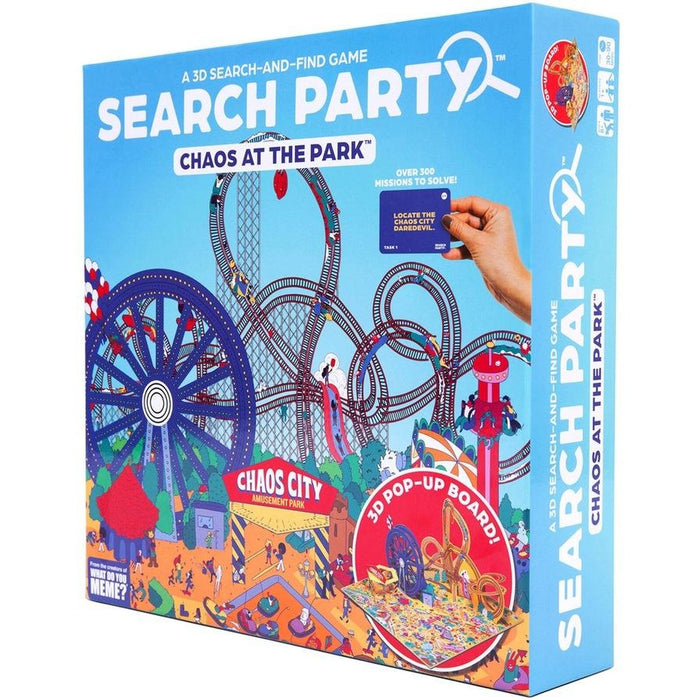 Blue search-and-find game box with a colorful amusement park scene, mission card, and 3D pop-up board preview.